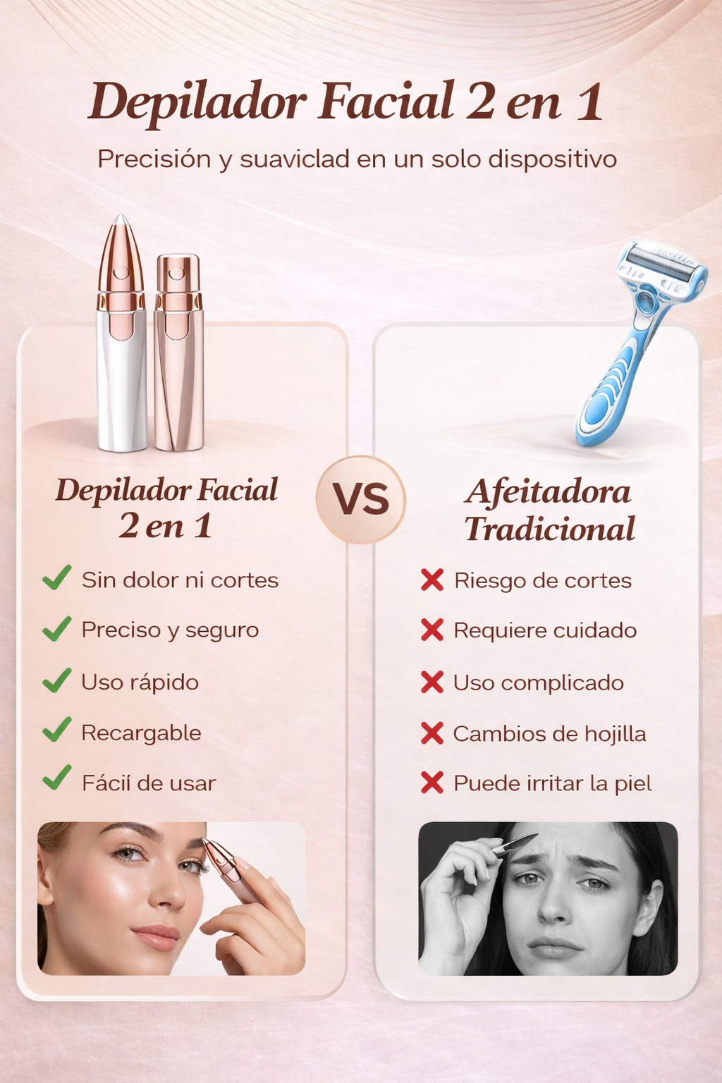 Depiladora Facial Portátil 2 en 1 para Mujer Recargable · Precisa · Para Rostro, Labios y Cejas